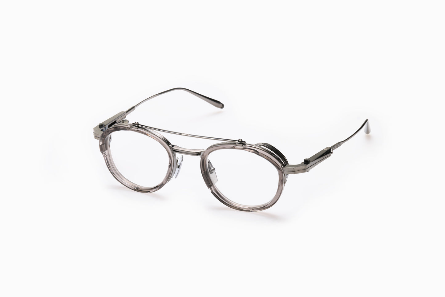 Profile view of Akoni Infinity Eyeglasses in Crystal Dark Grey