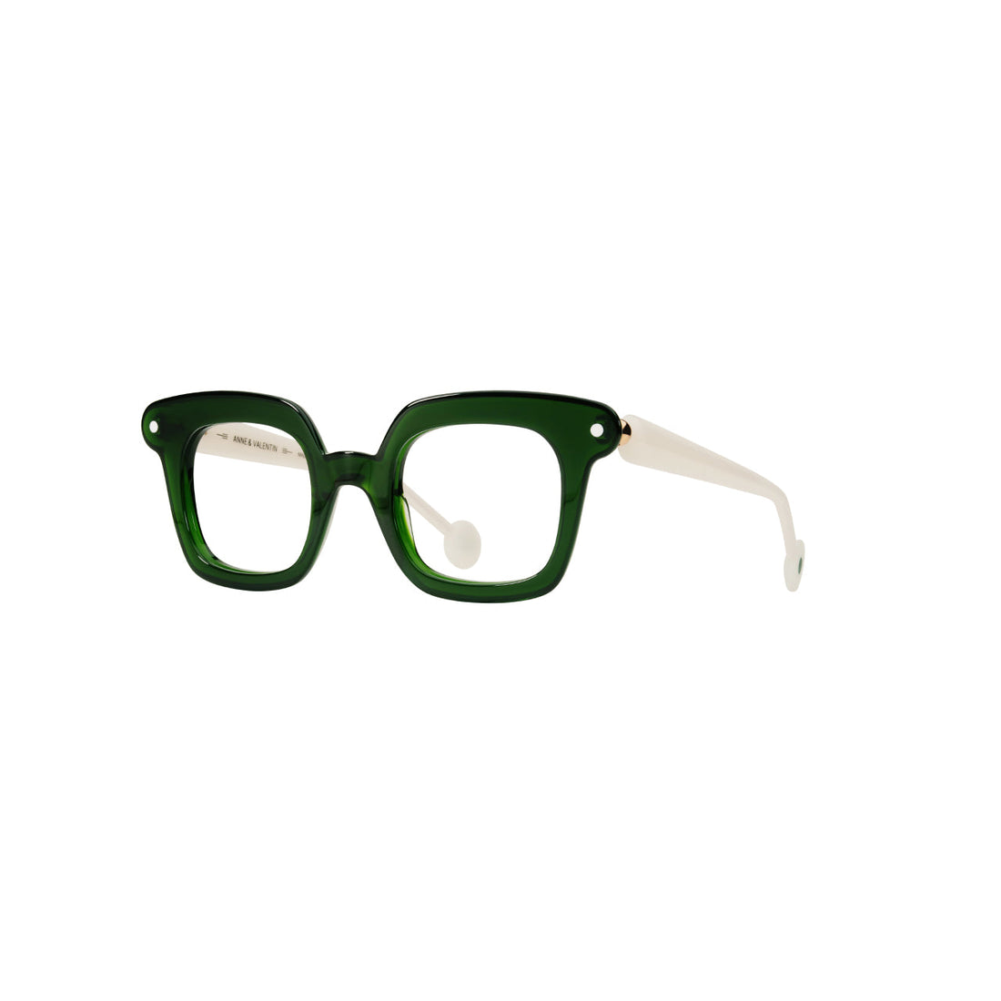 Anne et Valentin Bop acetate eyeglasses in green and cream, showing the brand's bold color-blocking
