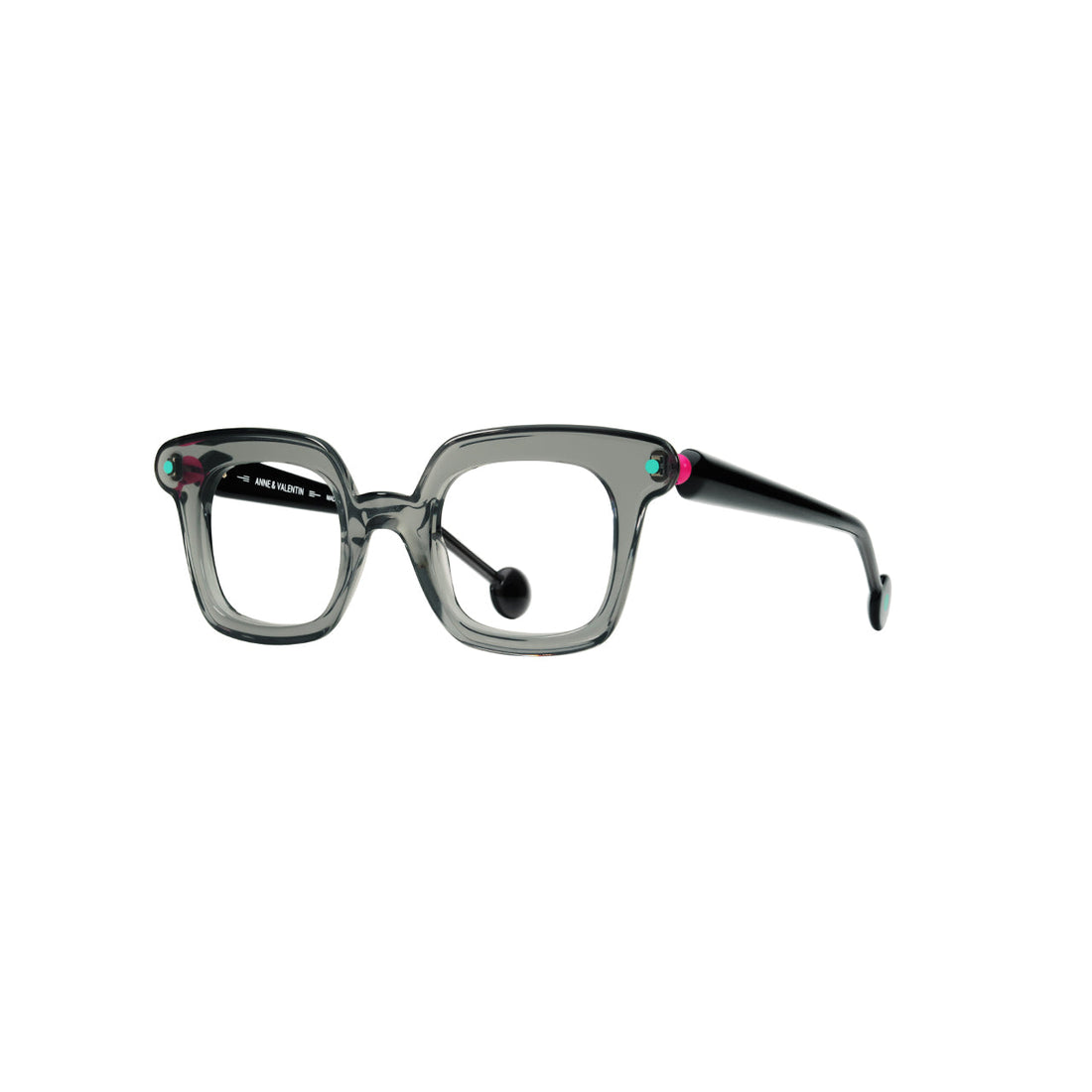 Anne et Valentin Bop eyeglasses in translucent grey acetate, the bold acetate side of the acetate-vs-metal choice