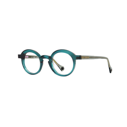 Anne et Valentin Belleville eyeglasses in crystal teal acetate, shown in three-quarter view