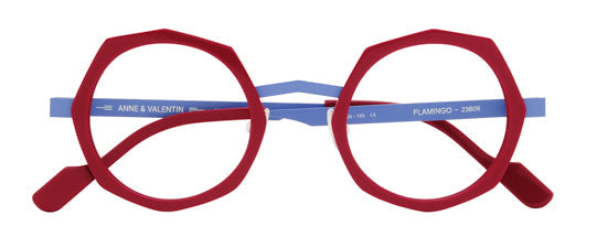 Anne et Valentin Flamingo eyeglasses in Red and Purple acetate — a bold, colorful frame in stock at Gazal Eyecare