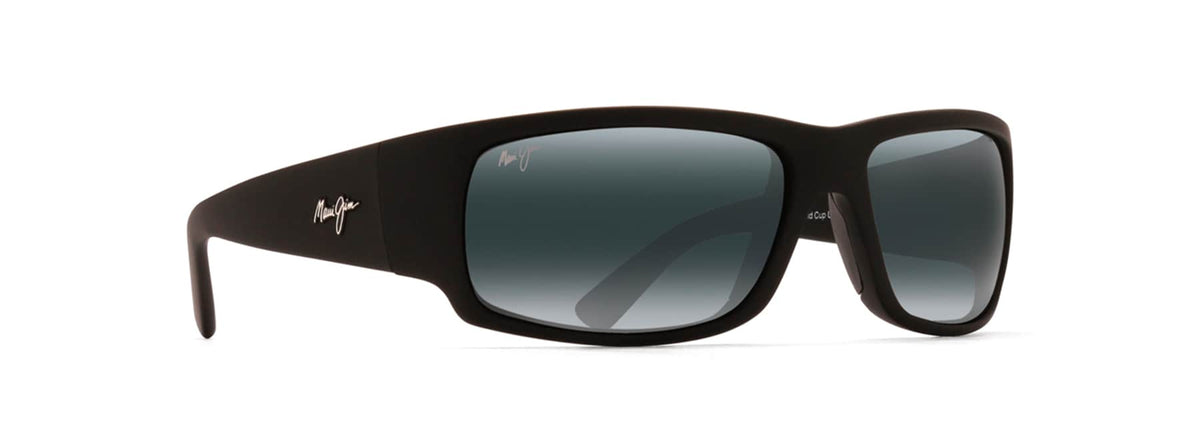 Maui Jim World Cup sunglasses in Matte Black Rubber, angled view