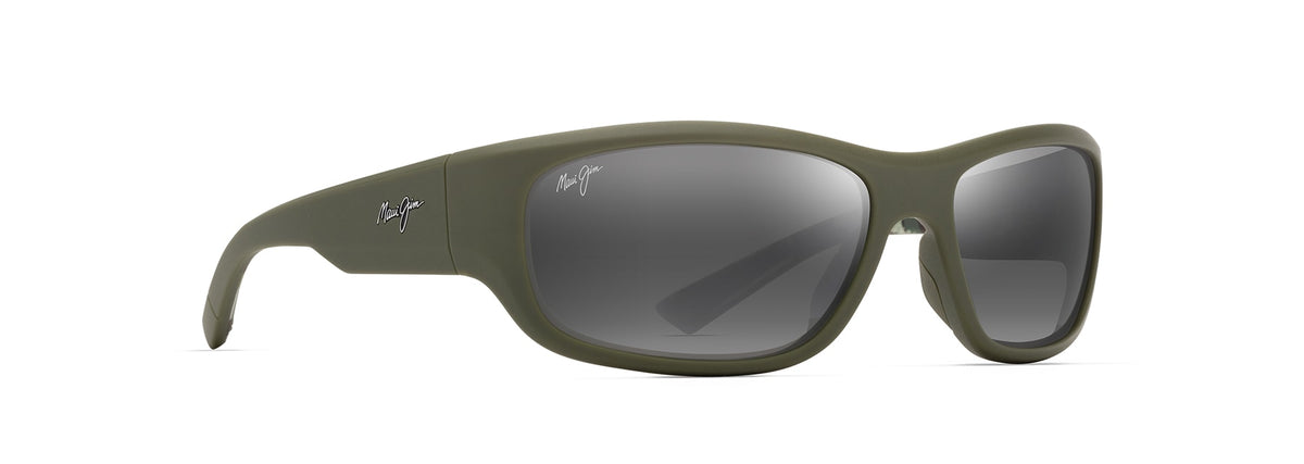 Maui Jim Maukele sunglasses in Matte Military Green with Brown Camo interior, angled view