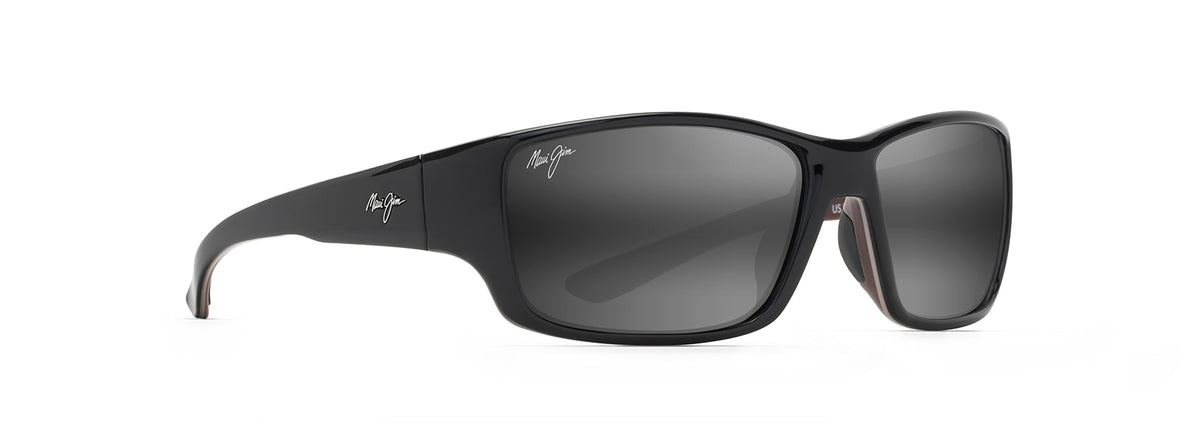 Maui Jim Local Kine sunglasses in Maroon Shiny Black/Grey, angled view