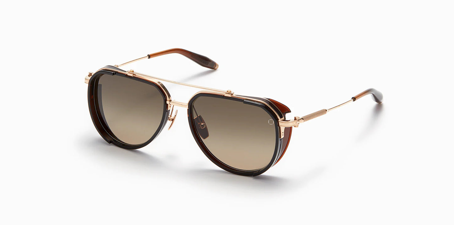 Three-quarter view of Akoni's "Echo" frame, a classic aviator shape with a unique frontal hood and black enamel accents around the edge of the trim.