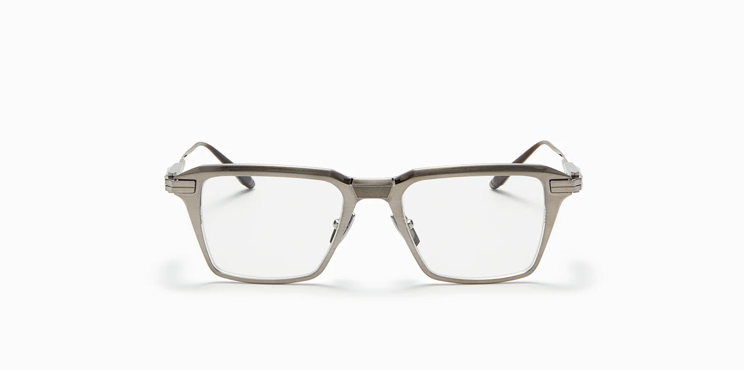 Front view of Akoni's Swift frame in the brushed palladium colorway