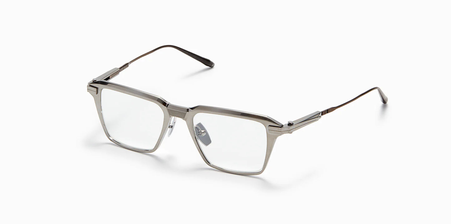 Three-quarter profile view of Akoni's Swift frame in the brushed palladium colorway