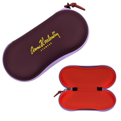 Anne Et Valentin Eyewear Case with Aubergine Exterior, Lavender Zipper, Red Leather Cord Zipper Tie, and Red Interior
