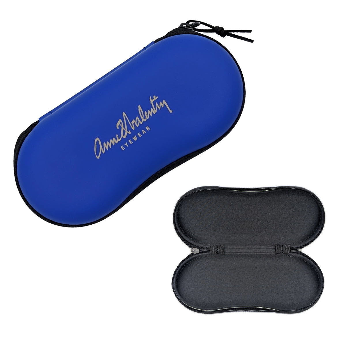 Anne Et Valentin Eyewear Case with Blue Exterior, Black Zipper, Black Leather Cord Zipper Tie, and Charcoal Interior