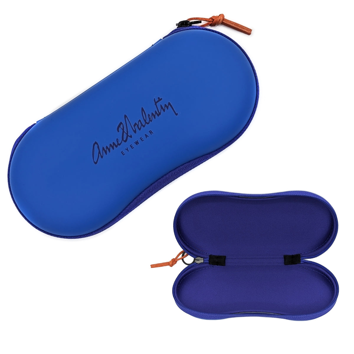 Anne Et Valentin Eyewear Case with Blue Exterior, Blue Zipper, Orange Leather Cord Zipper Tie, and Blue Interior