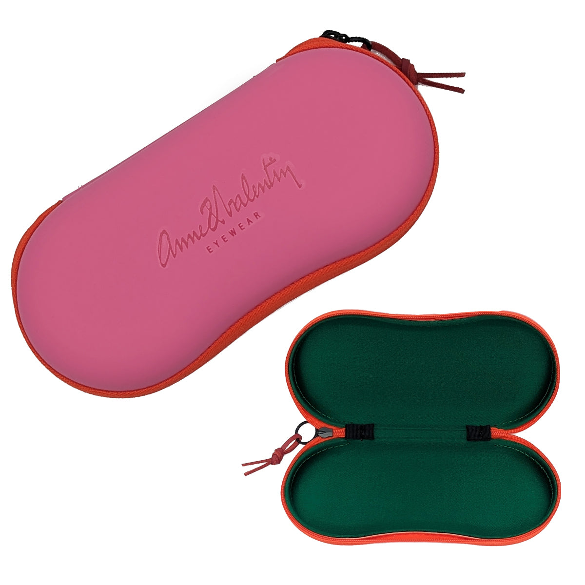 Anne Et Valentin Eyewear Case with Pink Exterior, Red Zipper, Red Leather Cord Zipper Tie, and Dark Green Interior