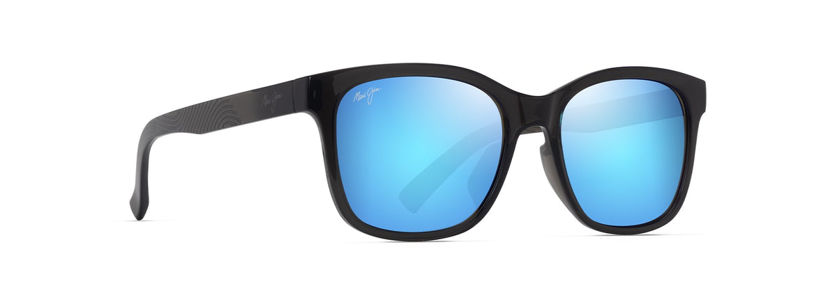 Maui Jim Owelo sunglasses in Shiny Transparent Dark Grey, angled view
