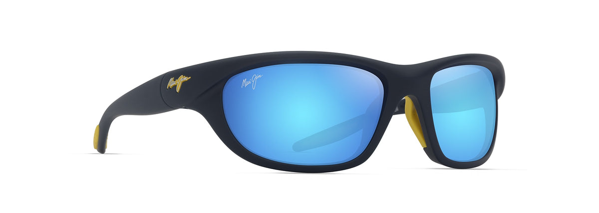 Maui Jim Haulani sunglasses in Matte Solid Dark Blue with Yellow, angled view