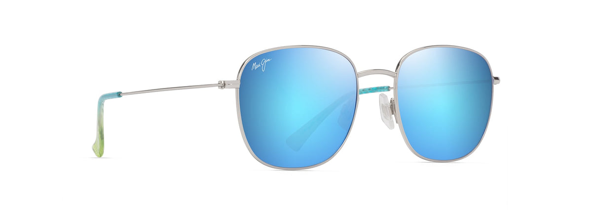 Maui Jim 'Olali AF sunglasses in Shiny Silver - Blue Hawaii, angled view