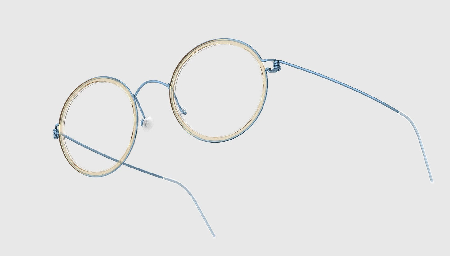LINDBERG Air Titanium Rim Cameron — Blue Cobalt frame with Polished Clear/Honey acetate inner rim — titanium eyeglasses — alternate view — official product render
