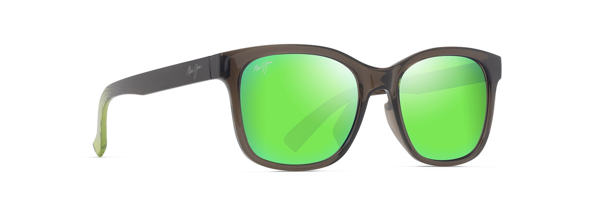 Maui Jim Owelo sunglasses in Shiny Trans Dark Grey with Green, angled view