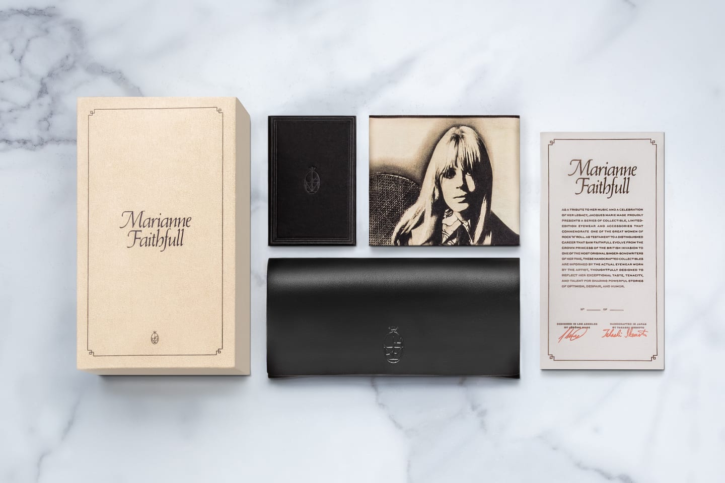 Jacques Marie Mage Marianne Faithfull Collection Limited Edition Collector's Box, Leather Envelope Case, Commemorative Cleaning Cloth, and Numbered Card of Authenticity.