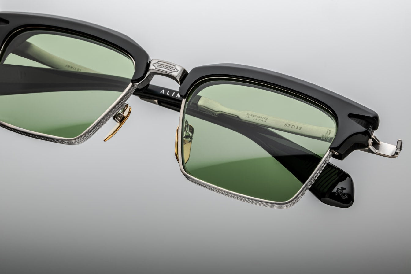 Close up of the Alin sunglasses by Jacques Marie Mage featuring monoblock hinge and engraved bridge detail.