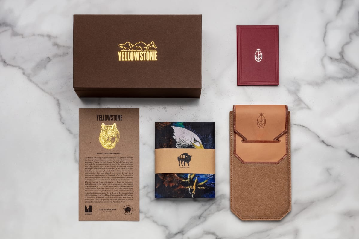 The Jacques Marie Mage x Yellowstone collection eyewear comes with an eco-friendly monograph box in brown with gold foil, JMM's signature burgundy warranty booklet, Yellowstone soft case, which is composed of lather and eco-friendly felt, a Yellowstone microfiber cleaning cloth, a certificate of authenticity with limited edition serial number, and QR code to claim digital ownership of your product.