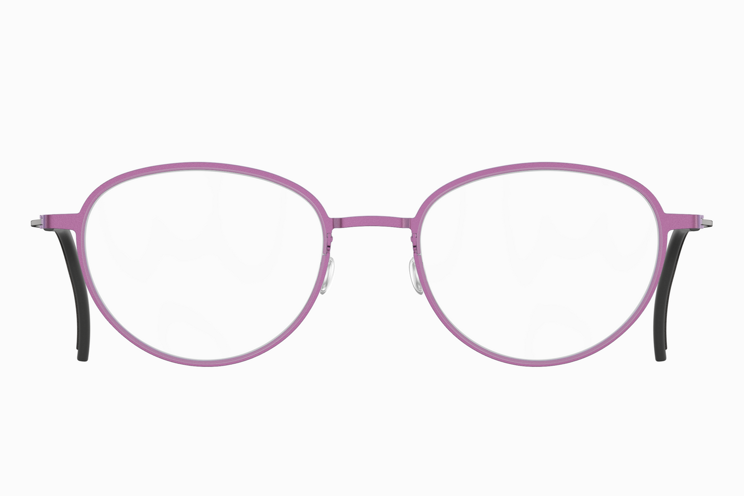 Oval eyeglasses with a thin lavender-purple titanium frame and black temple tips
