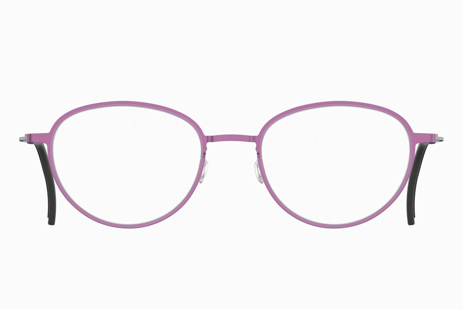 Oval eyeglasses with a thin lavender-purple titanium frame and black temple tips