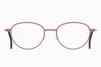 Oval eyeglasses with a thin lavender-purple titanium frame and black temple tips