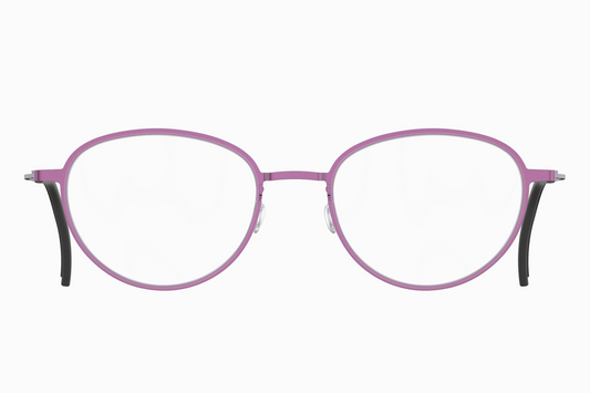 Oval eyeglasses with a thin lavender-purple titanium frame and black temple tips