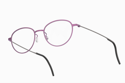 Oval titanium eyeglasses with a thin purple frame and slim dark temples
