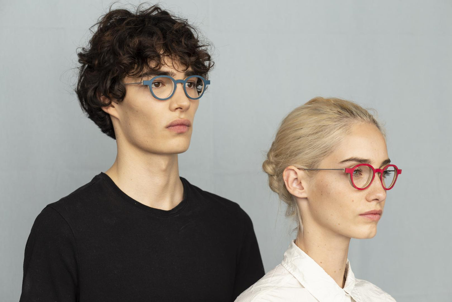 Nina Mur Mamen Eyeglasses Blue Steel Red Raspberry Wooden Eyewear Model