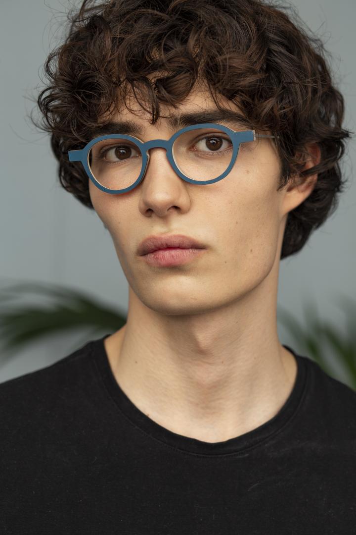 Nina Mur Mamen Eyeglasses Blue Steel Wooden Eyewear Model