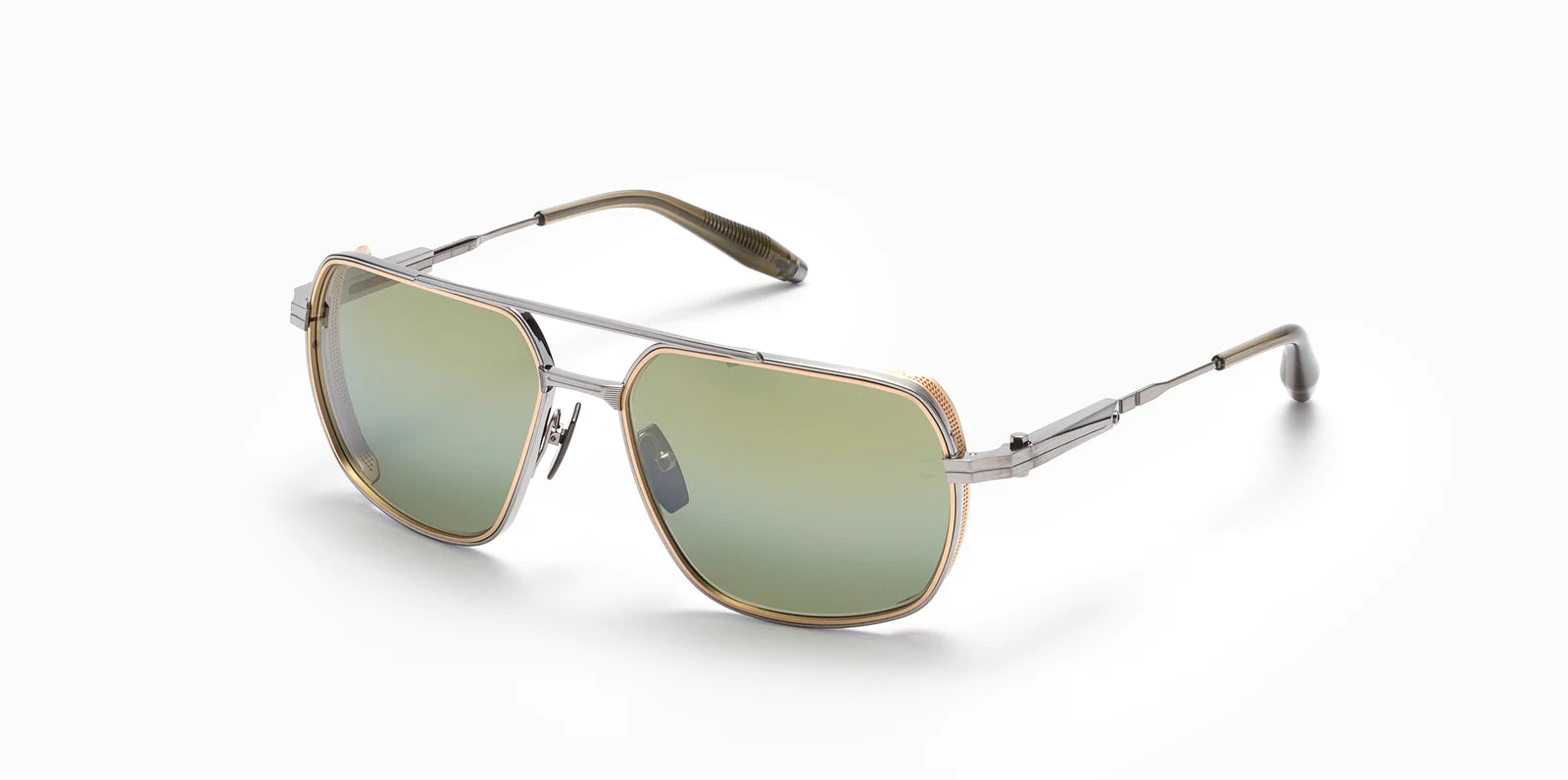 Three-quarter view of Akoni's Pathfinder frame, a curved navigator shape featuring mini side-shields with perforations reminiscent of the finest vintage sports car interiors and an adjustable temple system.