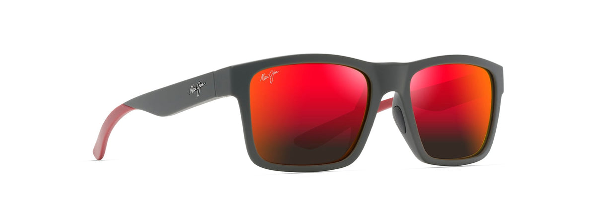 Maui Jim The Flats sunglasses in Matte Dark Grey with Red, angled view