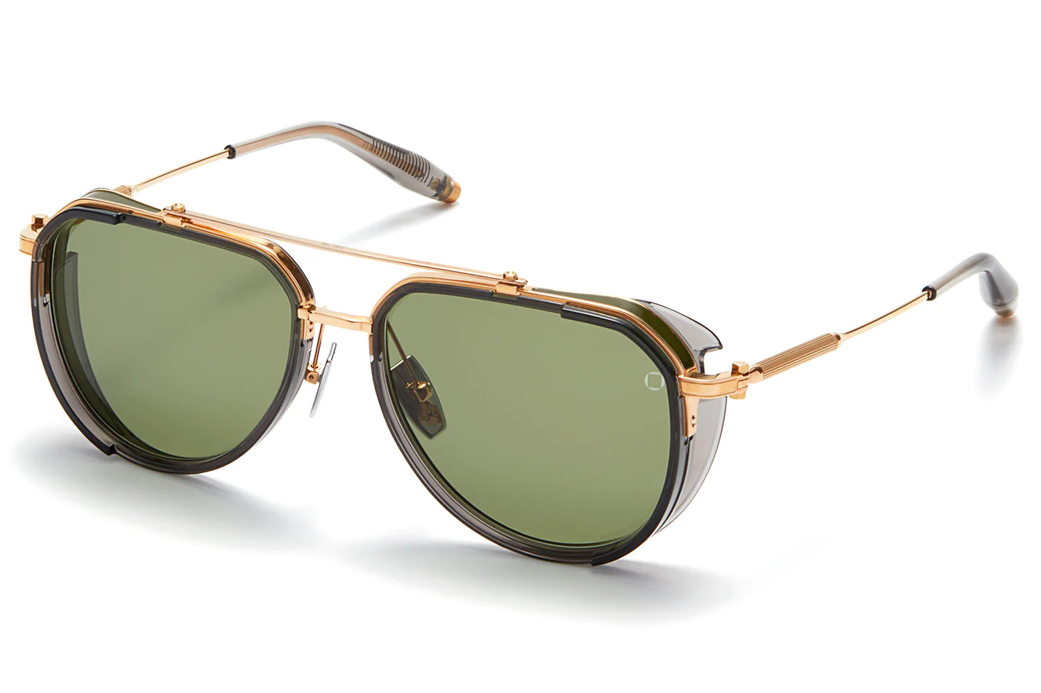 Three-quarter view of Akoni's "Echo" frame, a classic aviator shape with a unique frontal hood and black enamel accents around the edge of the trim.