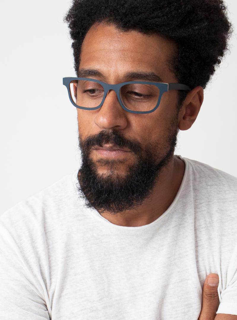 Nina Mur Miguel Eyeglasses Blue Indigo Wooden Eyewear Model